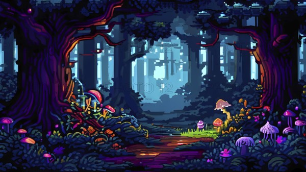 Enchanted magical forest in pixel art style with glowing mushrooms, AI generated