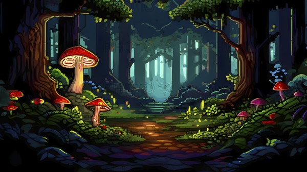 Enchanted magical forest in pixel art style with glowing mushrooms, AI generated