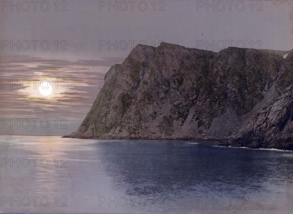 North Cape at Midnight Sun, Solstice, Norway, around 1890, Historical, digitally restored reproduction from a 19th century original, Europe