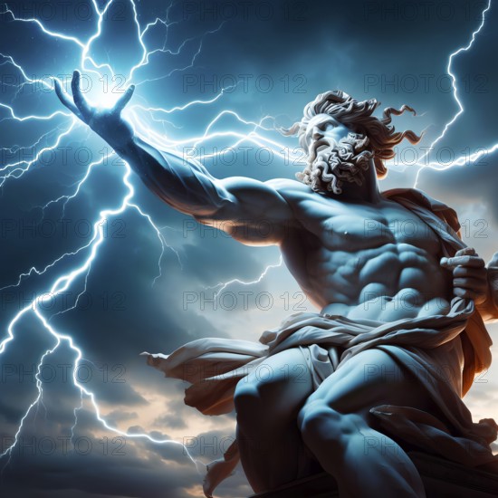 The Greek god Zeus hurls lightning bolts from his hand, symbol photo greek mythology, god, gods, antiquity, father of the gods, AI generated, AI generated