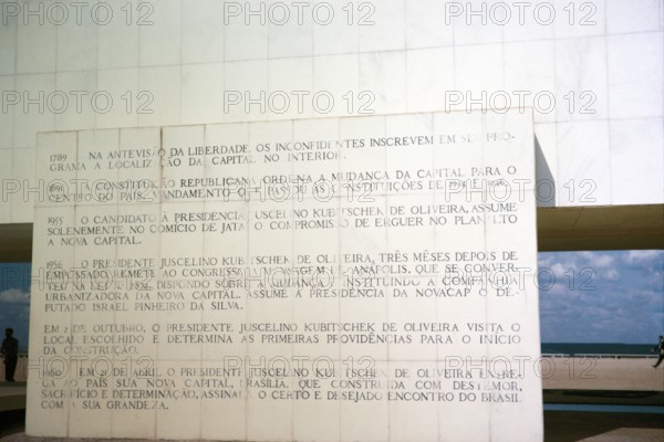 Marble plaque with important historical dates in front of the library building, Brasilia, Federal District, Brazil, 1962, South America