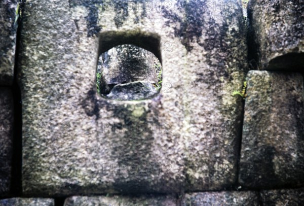 Hole in the stone masonry of an inca building, Machu Picchu, Peru, South America, around 1962, South America