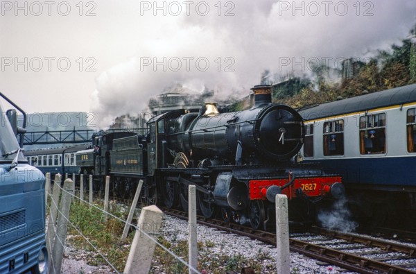 Steam locomotive 7827 Lydham Manor, Dart Vally Railway, Dartmouth Steam Railway, South Devon, England, United Kingdom 1975 with Great Western Railway livery