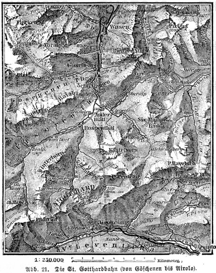 Topographic map of the St. Gotthard railway, railway tunnel, hatching, scale 1:25000, topography, Alps, travel, Switzerland, historical illustration 1885, Europe