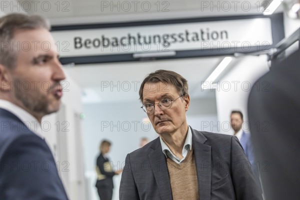 Federal Health Minister Karl Lauterbach (right, SPD) visiting a clinic in Baden-Württemberg, where the hospital reform is being rejected in its current form. Head physician Dr Heiner Stäudle explains the concept of the new Central Emergency Department at the medius Klinik Nürtingen, Baden-Württemberg, Germany, Europe