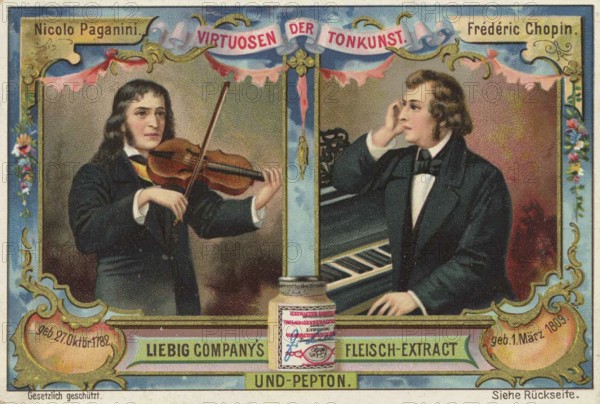 Picture series Virtuosen der Tonkunst, Nicolo Paganini and Frederic Chopin, Liebig picture, digitally restored reproduction of a collector's picture from ca 1900, public domain, exact date unknown, portraits of Paganini and Chopin, connected by classical music, decorative frame