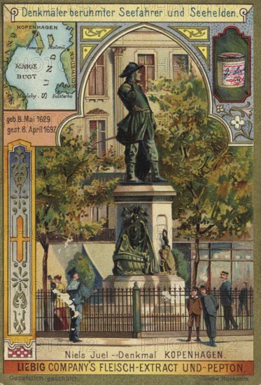 Series Monuments of famous seafarers and sea heroes, Niels Juel monument in Copenhagen, Liebig picture, digitally restored reproduction of a collector's picture from ca 1900, public domain, exact date unknown, Niels Juel monument in Copenhagen with buildings and historical flair