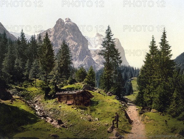 Brunnen und Wetterhorn, Bernese Oberland, Switzerland, Historic, digitally restored reproduction from a 19th century original, Record date not stated, Well and Wetterhorn Mountains, Bernese Oberland, Switzerland, Historic, digitally restored reproduction from a 19th century original, Record date not stated, Europe