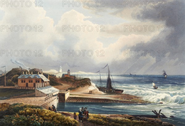 View of Katwyk, Kattwyk, and the mouth of the Rhine into the North Sea, Hamburg, Germany, view around 1830, digitally restored reproduction of a 19th century model by Johann Ludwig Bleuler (12 February 1792 - 28 March 1850), Swiss draughtsman and painter, Europe