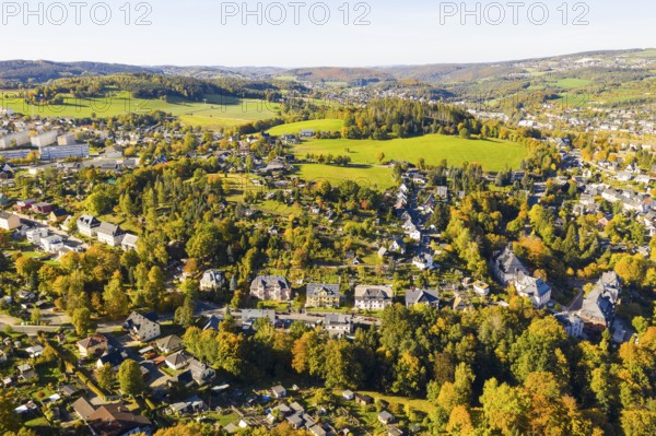 Aerial view of the Heide district in autumn, Schwarzenberg in the Ore Mountains, Saxony, Germany, Europe