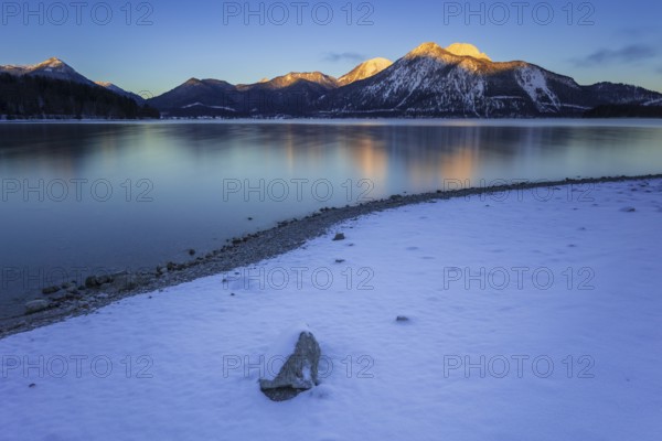 Morning light, sunrise, mountain lake, mountain landscape, reflection, winter, snow, long exposure, Walchensee, Herzogstand, Heimgarten, Bavaria, Germany, Europe