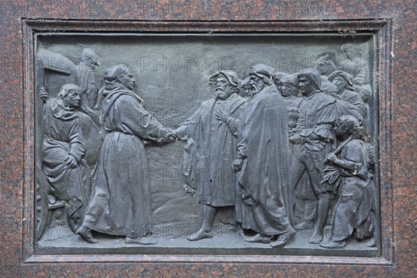 Relief with life story of Martin Luther, reception at the university in 1522, greeting, figures, history, scene, biography, life story, Martin Luther monument, Luther monument, Erfurt, Thuringia, Germany, Europe