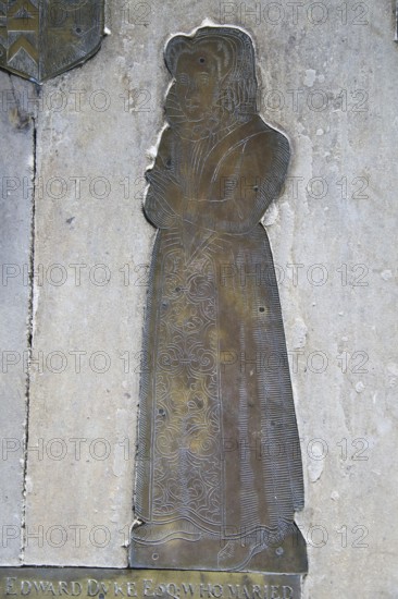 Tudor brass memorials wife of Edward Duke family, 1593, St Mary parish church, Benhall, Suffolk, England, UK