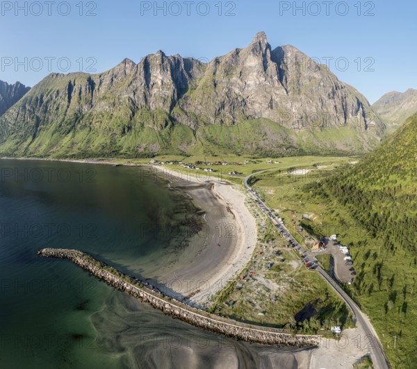 Aerial view of campsite at beach Ersfjordstranden, fjord Ersfjord, golden restroom, Senja island, Troms, northern Norway, Norway, Europe