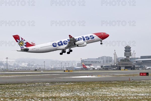 Aircraft Edelweiss Air, Airbus A340-300, HB-JMC, Zurich Kloten, Switzerland, Europe