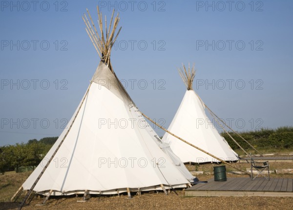 Campsite Indian tepees at Deepdale Camping, Burnham Deepdale, Norfolk, England, United Kingdom, Europe