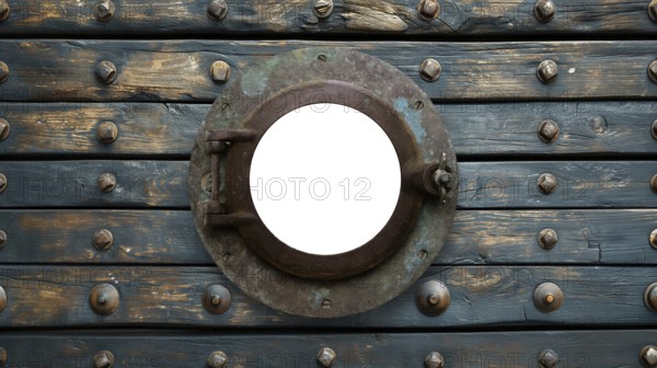 Vintage aged brass ship porthole mounted on a wooden hull with a white background. generative AI, AI generated