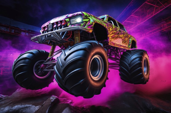 Monster truck with neon lighting, jumping off-road in cloud of dust. Excitement and thrill of an extreme sport, AI generated