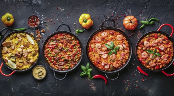 Classical Spanish paella dish with traditional seafood and rice components. Spanish cuisine., AI generated