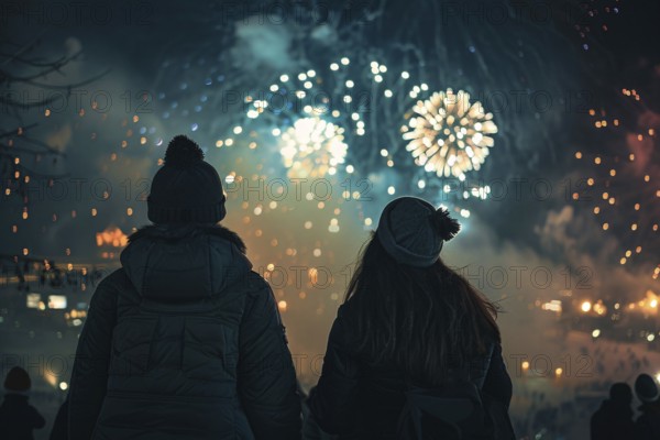 Back view of 2 young people in winter clothes celebrating new year with fireworks. Generative Ai, AI generated