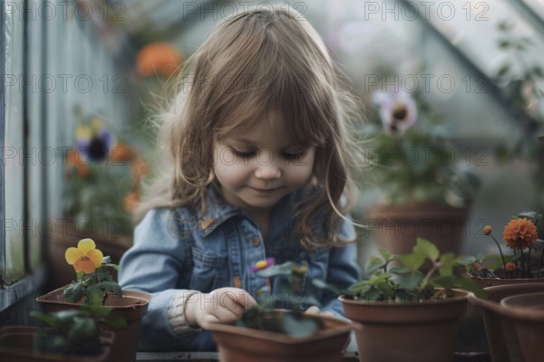 Child taking care of small plant seedlings in greenhouse. KI generiert, generiert, AI generated