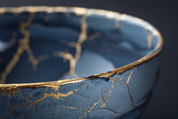 Japanese Kintsugi bowl with ceramic repair technique that uses lacquer mixed with powdered gold. KI generiert, generiert, AI generated