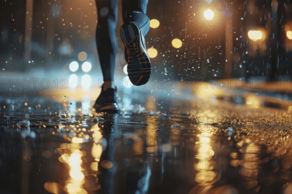 A jogger runs along a road at night in rainy weather, accident risk, risk sport, AI generated, AI generated, AI generated