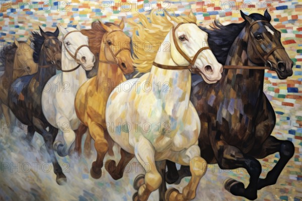 Group of colorful galloping horses in painting style, AI generated