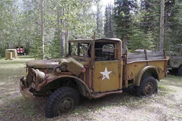 A rusty old army vehicle from the 1940s with a star, surrounded by trees in a forest, former army camp, Yukon, Discovery Lodge, Alaska Highway, Yukon Territory, Canada, North America