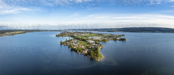 Aerial view, panorama of the island of Reichenau in Lake Constance seen from the west, on the left the Gnadensee with the municipality of Allensbach, on the right the Untersee with the Swiss side of the lake with the Thurgauer Seerücken, on the horizon the city of Constance, Baden-Württemberg, Germany, Europe