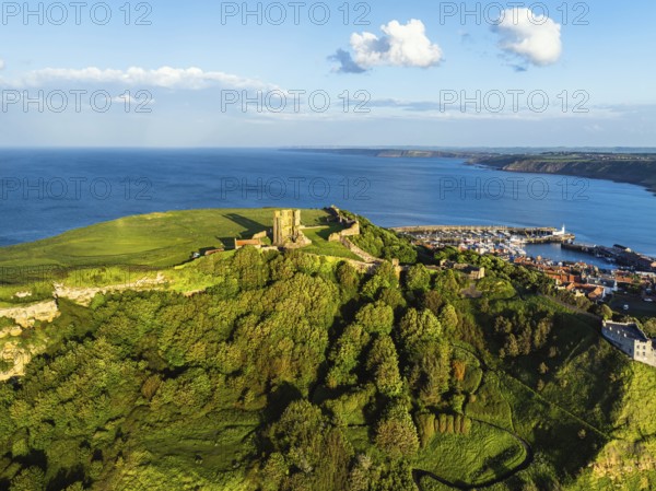 Scarborough Castle from a drone, Scarborough, North Yorkshire, England, United Kingdom, Europe