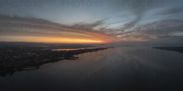 Aerial view, panorama of the town of Radolfzell on Lake Constance with the Mettnau peninsula in front of sunrise, district of Constance, Baden-Württemberg, Germany, Europe