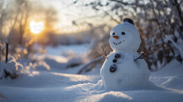 Snowman in an idylic winter landscape, snow covered trees, golden hour light of sunrise, AI generated