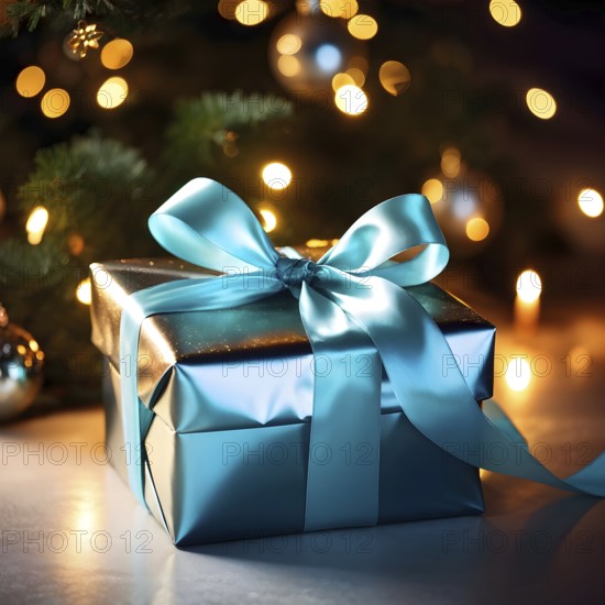 Close-up of a beautifully wrapped Christmas gift with a satin ribbon, set under a glowing Christmas tree, AI generated