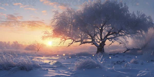 Serene winter landscape with a snow covered tree and a vibrant sunrise, AI generated