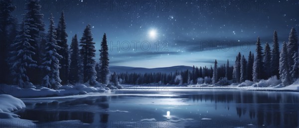 Tranquil winter night scene with a crescent moon and stars shining brightly over a frozen lake, with a line of snow-covered pine trees reflected in the lake, AI generated