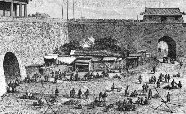 Double Tor tor of the city wall of Peking or Beijing and market place with merchants, stalls, many people, buildings, travelling in Asia, China, historical illustration 1887, Asia