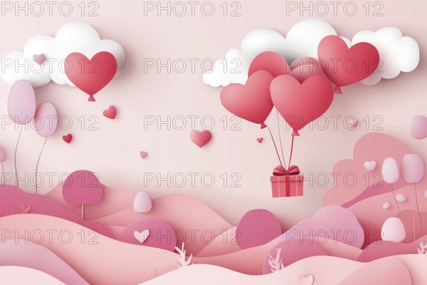 Valentine's Day gift with heart balloon greeting card on pink background gifts generated in Stuttgart, Germany, KI, AI generated, Europe