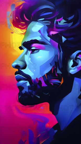 AI generated abstract digital painting of a mans face in vibrant neon colors