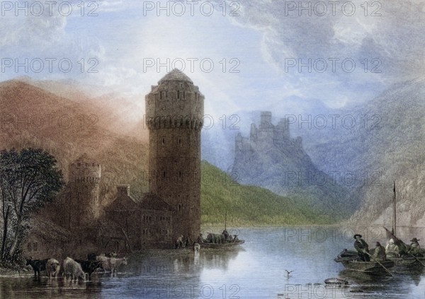 Tower of Niederlahnstein, Germany, Historical, digitally restored reproduction from a 19th century original, Record date not stated, Europe