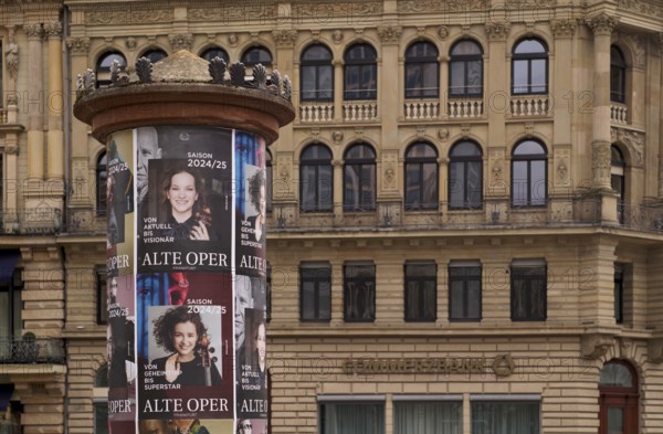 Historic advertising pillar, posters, programme for Alte Oper 2024-2025, Commerzbank, lettering, logo, Opernplatz, Frankfurt am Main, Hesse, Germany, Europe