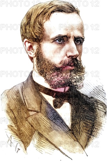 Raymond Gaston Plante (1834-1889) French physicist who invented the first accumulator or electric battery in 1859. It was a wet cell with two lead plates immersed in sulphuric acid, the electrolyte, engraving from Les Merveilles de la Science by Louis Figuier (Paris, around 1870), Historical, digitally restored reproduction from a 19th century original, Record date not stated