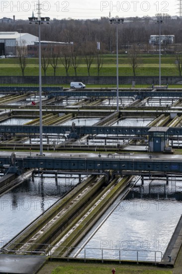 Secondary clarifier, Emschergenossenschaft wastewater treatment plant in the Weilheimer Mark in Bottrop, North Rhine-Westphalia, Germany, Europe