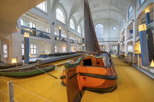 Museum of German Inland Navigation, in the former Ruhrort indoor swimming pool, in Duisburg, cargo sailing vessel Tjalk Göde Verwachting, North Rhine-Westphalia, Germany, Europe