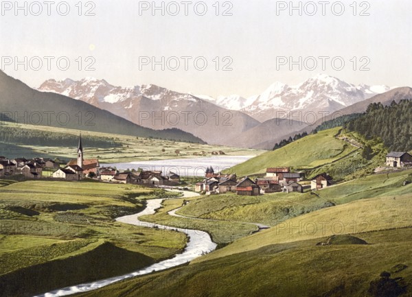 St. Valentin, Haide with Haidersee, Lago di San Valentino alla Muta, and Ortler group, formerly Tyrol, Austria-Hungary, today South Tyrol, Italy, Historical, digitally restored reproduction from a 19th century original, Record date not stated, Europe