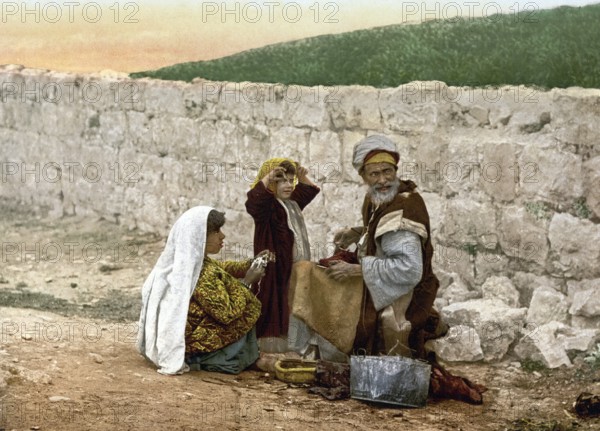 Travelling shoemaker in Jerusalem, Holy Land, today Israel, Historical, digitally restored reproduction from a 19th century original, Record date not stated