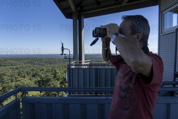 Fire watch tower on the Rennberg, near Flaesheim, Haltern am See, in the Haard forest area, one of 3 fire watch towers in the region, manned from April to October in dry weather conditions, part of the fire monitoring system, North Rhine-Westphalia, Germany, Europe