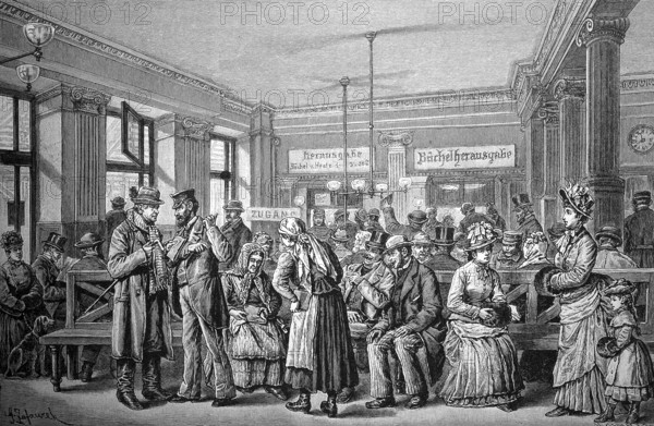 At the Savings Bank in Vienna, Austria, in 1880 / Auf der Sparkasse in Wien, Österreich, im Jahre 1880, Historical, digital reproduction of an original from the 19th century, Europe