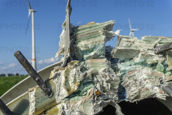 Close-up of a dismantled blade of a 23-year-old wind turbine, it consists of a mix of materials, glass fibre reinforced material, GRP, composites, CFRP, carbon fibres, balsa wood, 90 % of a wind turbine can be fully recycled, a recycling concept for the rotor blades is being worked on, a part is reused in cement production, Germany, Europe