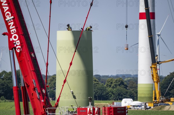 Repowering of a wind farm near Issum, here the dismantling of the tower, 9 older wind turbines from the manufacturer Enercon (model series E-58) will be dismantled, which have been in operation for over two decades, will be replaced by a total of four Enercon E-160 turbines, under construction, with a total output of 22 megawatts, Lower Rhine, North Rhine-Westphalia, Germany, Europe